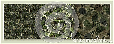 Set of camouflage patterns with skulls, small abstract shapes, dollar bills Vector Illustration