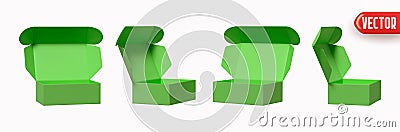 Set of green cardboard open boxes realistic 3d design isolated on white background. Collection of open paper box. vector Vector Illustration