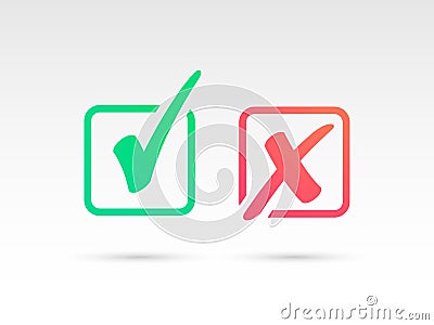 Set of Green Check Mark Icon and Red X cross Vector Illustration