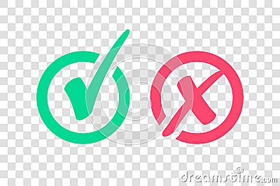 Set of Green Check Mark Icon and Red X cross Tick Symbol Vector Illustration