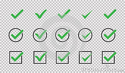 Set of green check mark isolated icons. Vote symbol tick. Approved icon. Check mark icon set. Tick checkmark check list Stock Photo