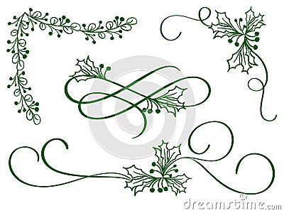 Set of green christmas calligraphy flourish art with vintage decorative whorls for design on white background. Vector Vector Illustration