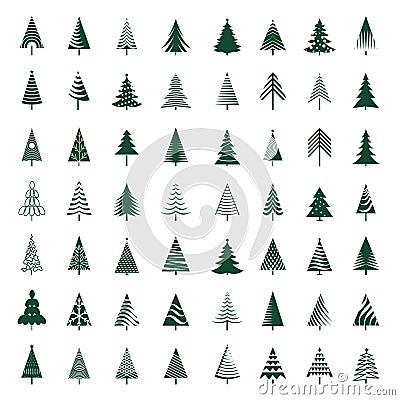 Set of green Christmas Trees. Winter season design elements. Isolated vector xmas Icons Stock Photo