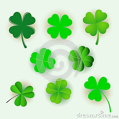 Set of green clover leaves isolated on white background Vector Illustration