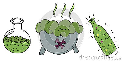 Set of green color doodles, vector decorative element, color illustration for halloween Vector Illustration