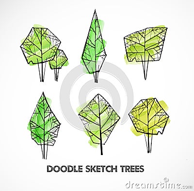 Set of green doodle sketch trees on white background Vector Illustration