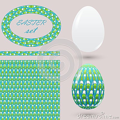 Set with green Easter eggs and design elements zenart style. Bright spring color ornamental brush seamless pattern and frame for d Vector Illustration