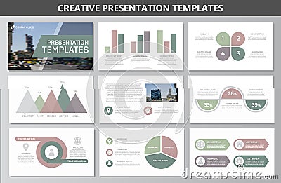 Set of green elements for multipurpose presentation template slides with graphs and charts. Leaflet, corporate report Vector Illustration