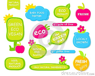 Set of green frames, labels for organic, natural, eco or bio products. Design kids and baby food. Vector Illustration