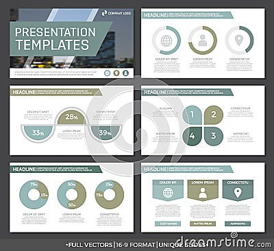 Set of green and gray elements for multipurpose presentation template slides with graphs and charts. Leaflet, corporate Vector Illustration