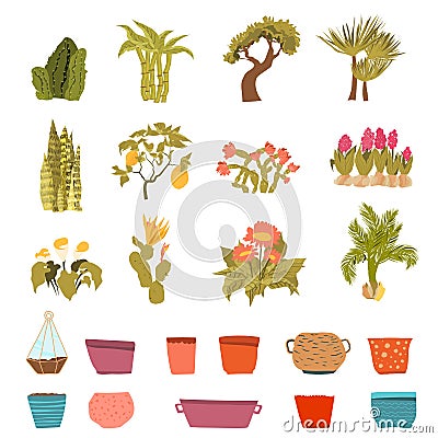 Set of green house plants with pots with Leaf and flowers in cartoon style. Flowerpot isolated objects for creation Vector Illustration