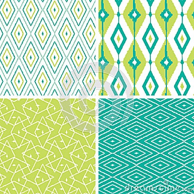 Set of green ikat diamond seamless patterns Vector Illustration