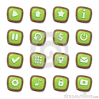 Set of 16 green jelly icons in wooden frames isolated on white background for game user interface. Mobile app vector elements temp Vector Illustration