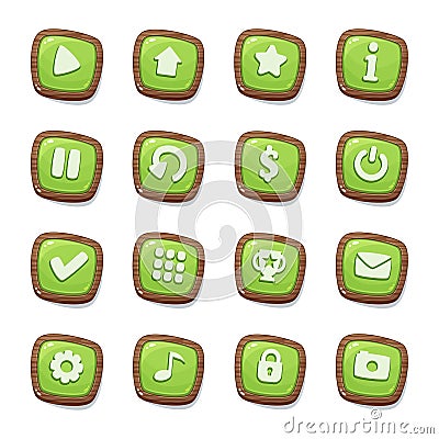 Set of 16 green jelly icons in wooden frames isolated on white background for game user interface. Mobile app vector elements temp Vector Illustration