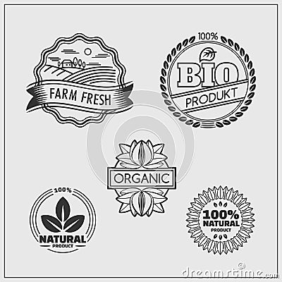 Set of green labels and badges for organic, eco and bio products on black background. Vector Illustration
