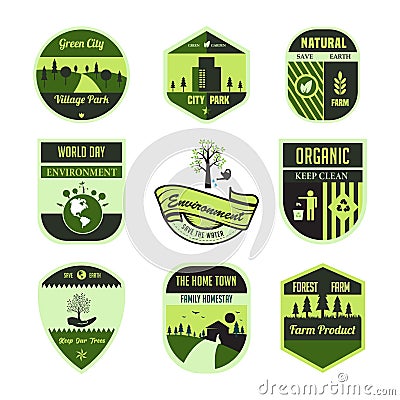 Set of green ,leaf,environment,world day, badge or emblem in isolated vector Vector Illustration