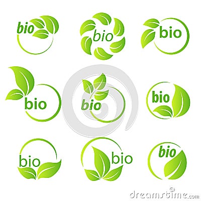 Set of green leaves bio symbol design elements Vector Illustration