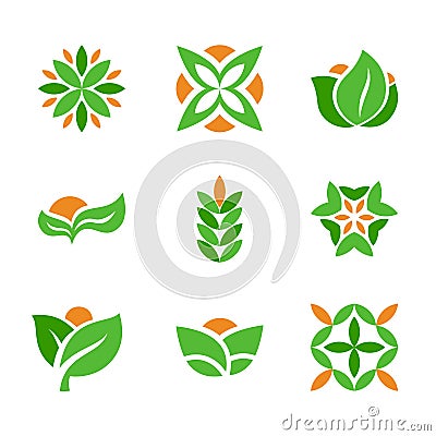 Set of green logos template. Creative natural and eco symbols with leaf shape. Vector Illustration