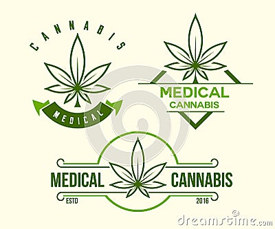 Set of green medical cannabis emblem, logo . classic vintage style Vector Illustration