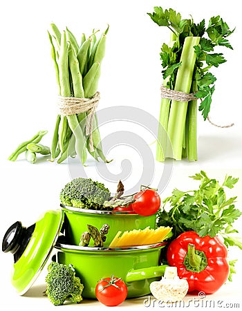 Set green pots full of vegetables Stock Photo