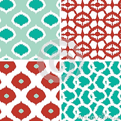 Set of green and red ikat geometric seamless Vector Illustration