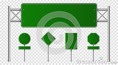 Set of green road signs. Blank traffic signs, highway boards, signpost and signboard. Realistic traffic signs Vector Illustration