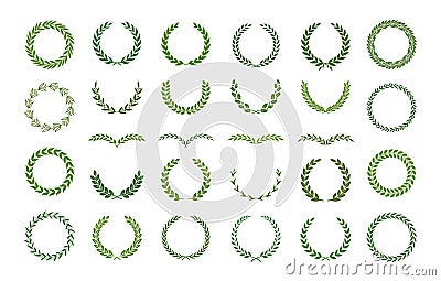 Set of green silhouette laurel foliate, olive and oak wreaths. Vector illustration for your frame, border, ornament design, Vector Illustration