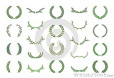 Set of green silhouette laurel foliate, olive and wheat wreaths. Vector illustration for your frame, border, ornament design, Vector Illustration