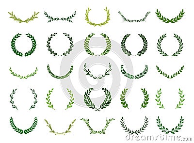 Set of green silhouette laurel foliate, wheat, oak and olive wreaths depicting an award, achievement, heraldry, nobility. Vector Vector Illustration