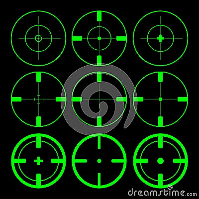 Set of green target aim icons on black background. flat design. collection of crosshair target. sniper target Vector Illustration