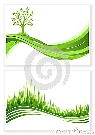 Set of green tree and grass growth vector eco concept. Nature background. Collection abstract illustrations with copyspace. Vector Illustration