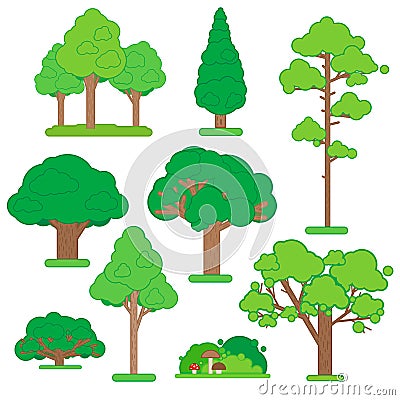 Set Of Green Trees and Shrubs Vector Illustration