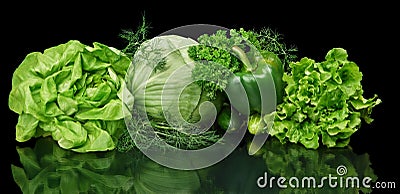 Set of green vege-cabbage,lettuce,bell pepper,dill on black Stock Photo