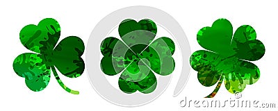 Set of green watercolor four-leaf clovers. Happy St. Patrick`s Day - vector Vector Illustration