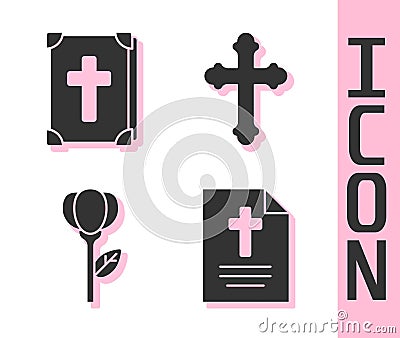 Set Greeting card with Happy Easter, Holy bible book, Flower tulip and Christian cross icon. Vector Vector Illustration