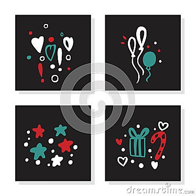 Set of greeting card for Merry Christmas, New Year. Christmas gift, stars, heart Vector Illustration