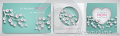 Set of greeting card for mother`s day with congratulations text. Cuted paper circle and heart decorated branch of cherry flowers Vector Illustration