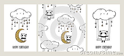 Set of Greeting cards with cute pandas on the moon and swing and seamless pattern. Vector Illustration