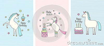 Set of greeting cards with cute unicorns and cakes with candles. Vector Illustration