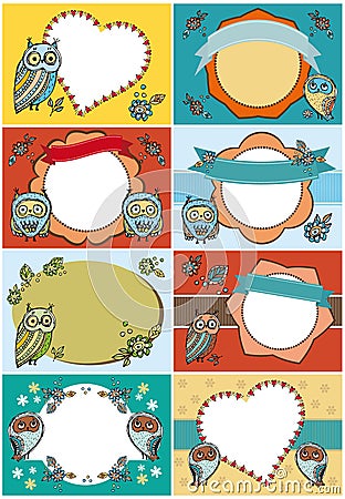 Set of greeting cards. Funny Owl Flowers Vintage ribbon labels. Vector Illustration