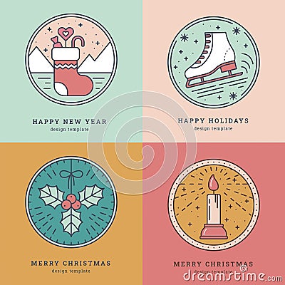 Set of Greeting Cards with Icon, Symbol of New Year and Christmas. Sock with Gifts, Skates, Mistletoe, Candle with light Vector Illustration