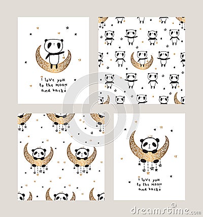 Set of greeting cards and seamless patterns with cute pandas on the gold moon Vector Illustration