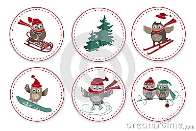 Set of greeting labels with cute owls and fir tree. Cartoon Illustration