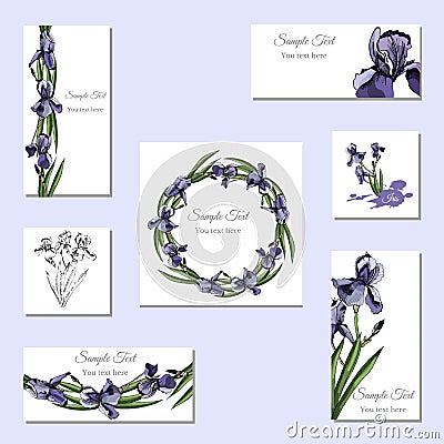 Set greeting and visit card. Hand drawn colored sketch with wreath of iris flowers and bouquet Vector Illustration