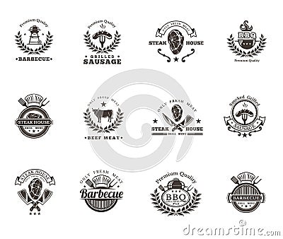 Set grill and barbecue badges, stickers, emblems Vector Illustration