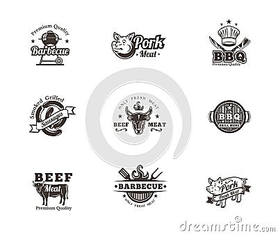 Set grill and barbecue badges, stickers, emblems Vector Illustration