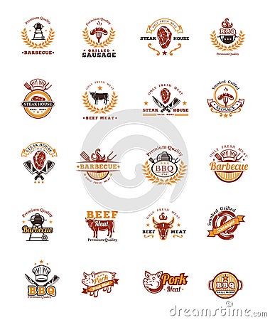 Set grill and barbecue badges, stickers, emblems Vector Illustration