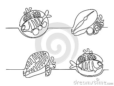 Set grilled fish on plate with lemon and potato. Vector Illustration