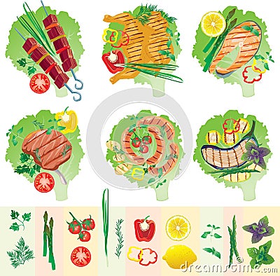 Set of grilled meat and vegetables Vector Illustration