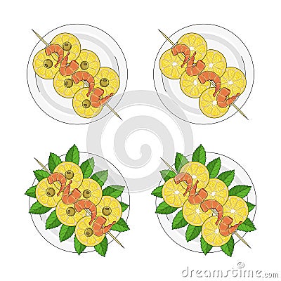 Set of grilled shrimps on skewer with lemon. Vector Illustration